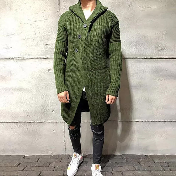 Suéter Abrigo Largo con Capucha para Hombre Botones Color Sólido