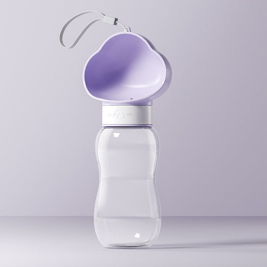 Yellow and clear portable pet water bottle with integrated drinking bowl and separate food container for walking dogs. - Image 7