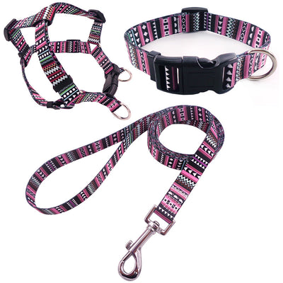 Blue geometric pattern pet collar, harness, and leash three-piece set with black buckles and silver hardware. - Image 4