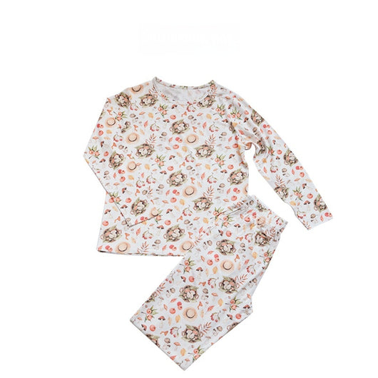 Bamboo cotton knitted parent-child pajama set with a pumpkin print long-sleeve top and solid light blue-grey pants. - Image 10