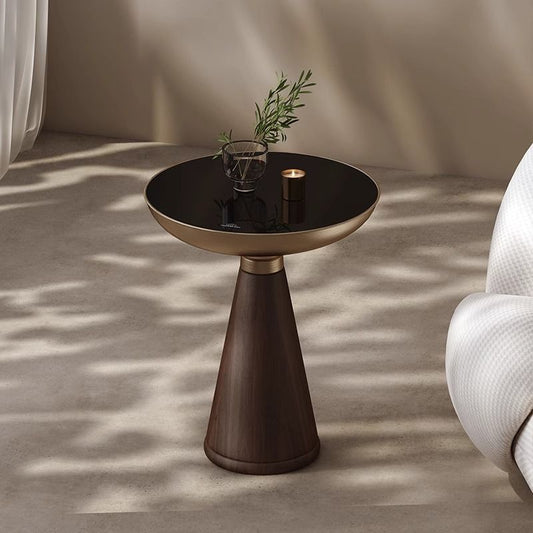 Mesa Auxiliar Redonda de Cristal Templado con Base de Madera Maciza - Diseño Moderno Lujo - Image 2