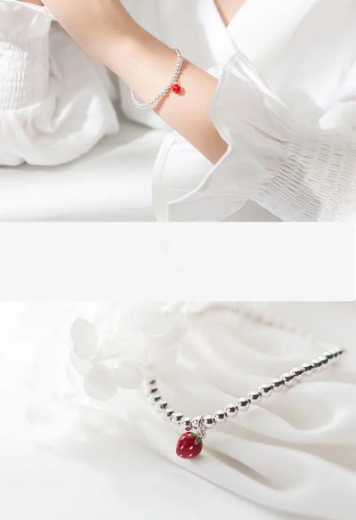 Pulsera de Plata S925 con Dije de Fresa Lacado Estilo Coreano - Image 9