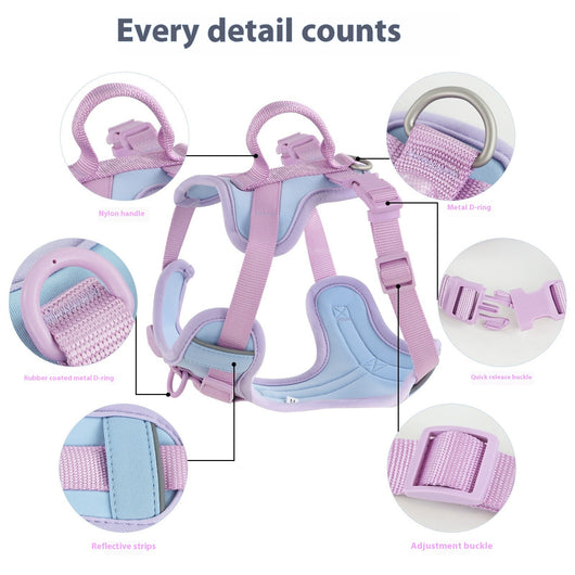 Pink and blue dog harness with padded chest and back, adjustable straps, and a top handle for walking. - Image 20