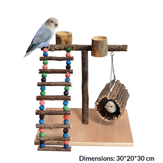 Solid wood parrot stand with multiple natural branch perches and a pinecone, featuring a cockatiel. - Image 15