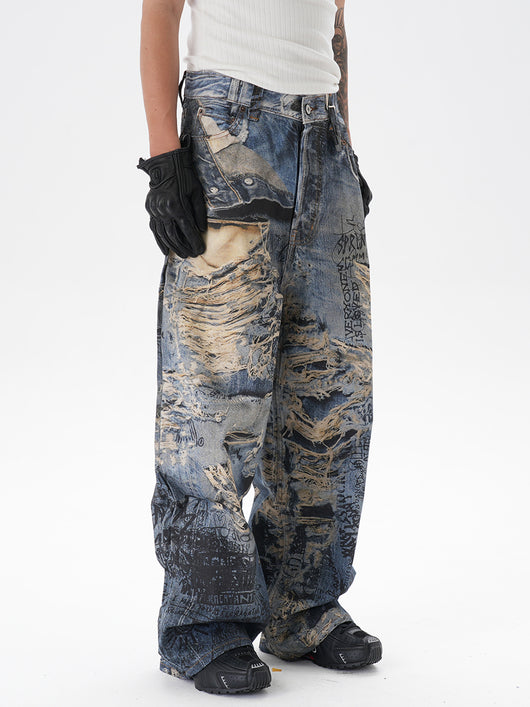 Pantalones Vaqueros Rectos con Estampado 3D Efecto Graffiti Rasgado - Image 6
