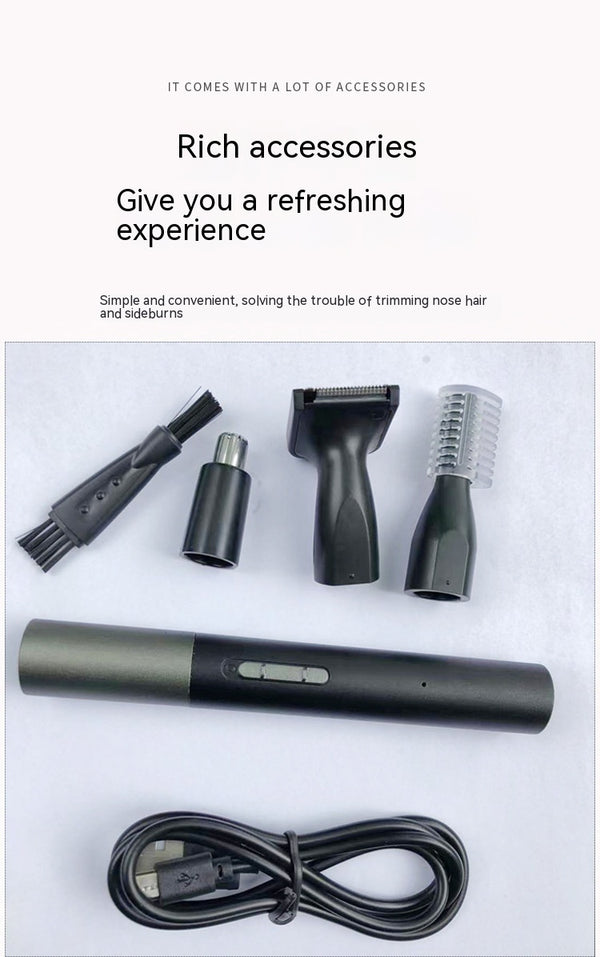 Black multifunctional men's grooming kit with electric shaver, nose hair trimmer, eyebrow trimmer, cleaning brush, and USB cable. - Image 7