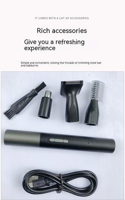 Black multifunctional men's grooming kit with electric shaver, nose hair trimmer, eyebrow trimmer, cleaning brush, and USB cable. - Image 7