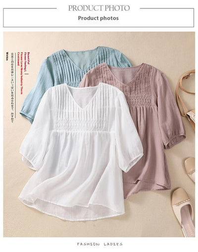 Blusa Suelta de Algodón y Lino con Cuello V - Image 19