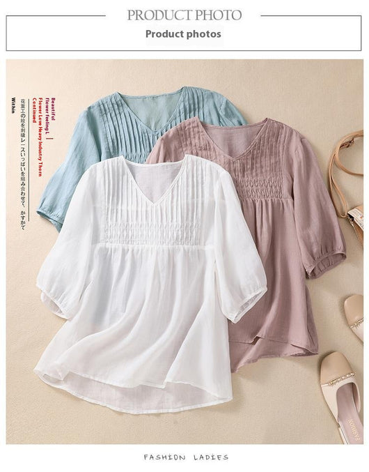Blusa Suelta de Algodón y Lino con Cuello V - Image 19