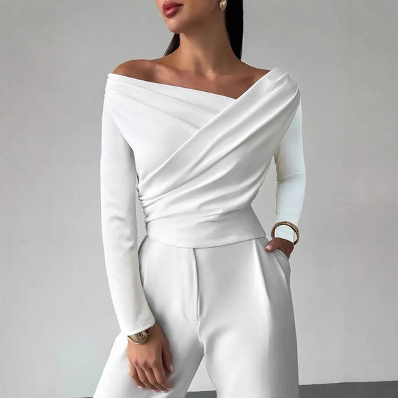Blusa Asimétrica Elegante con Hombro Descubierto y Manga Larga