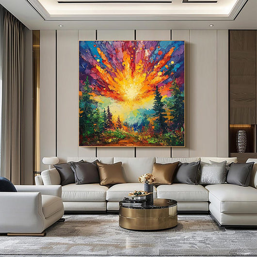 Cuadro Óleo Pintado a Mano - Amanecer en el Bosque con Luz Brillante | Arte Moderno 3D para Hogar - Image 5
