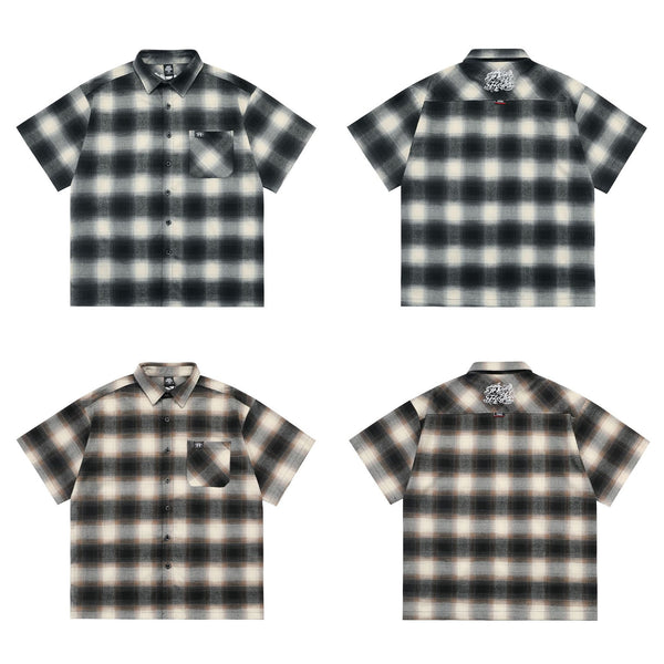 Camisa Cardigan Cuadros Clásico con Bolsillos y Manga Corta