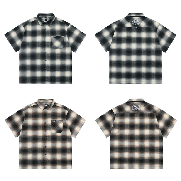 Camisa Cardigan Cuadros Clásico con Bolsillos y Manga Corta