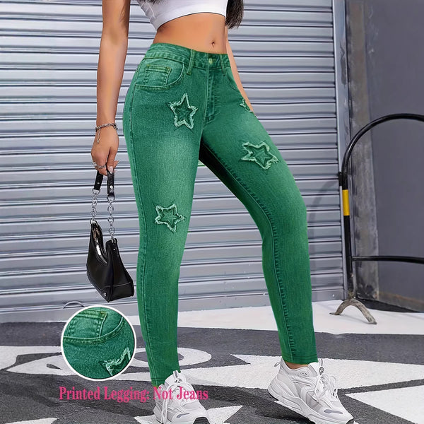 Pantalones Leggings Estilo Denim con Estrellas para Mujer - Corte Acampanado