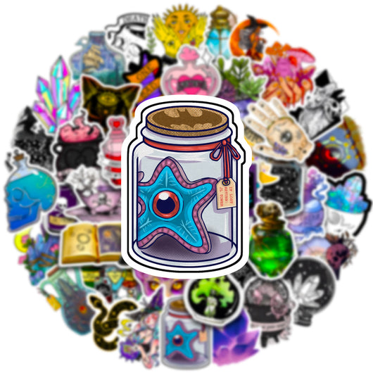 A hand holds a gothic-themed sticker featuring a raven, skull, and crystals, with a pile of 50 assorted waterproof stickers in the background. - Image 10