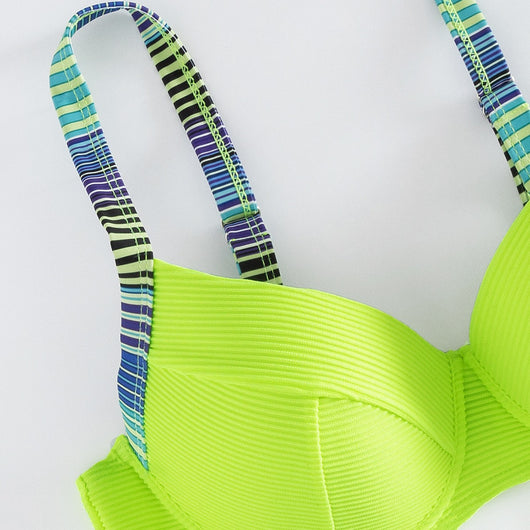Neon green ribbed halter bikini top with striped straps and matching striped high-waisted bikini bottoms. - Image 4