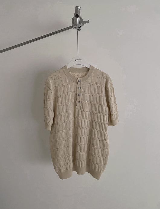 Camiseta Manga Corta Tejida de Algodón Hemp para Hombre - Cuello Estampado - Image 4