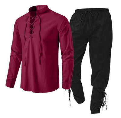 Conjunto de Dos Piezas: Camisa Casual de Lino y Algodón Manga Larga Color Sólido - Image 12