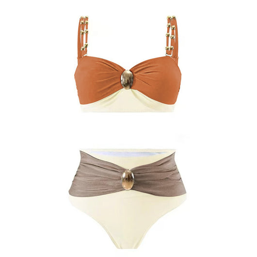 Color block high-waisted bikini with rust-orange and cream top, taupe and cream bottom, and gold-toned accents. - Image 10