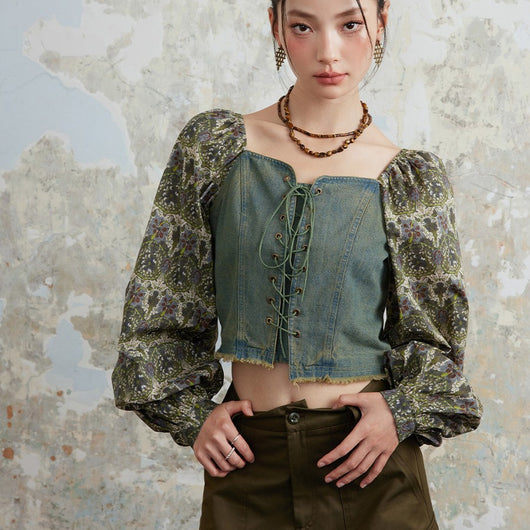 Camisa Denim Retro con Encaje y Cordones - Manga Larga Estilo Floral Francés