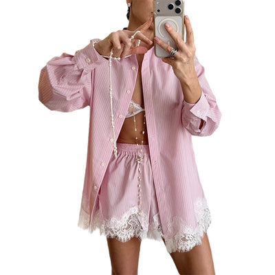 Conjunto de Camisa Manga Larga Lisa y Shorts con Paneles de Encaje - Image 5