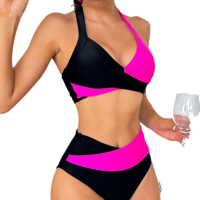 Black and white color-block halter bikini with high-waisted bottoms, modeled by a woman holding a straw hat. - Image 5