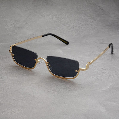 Gold frame semi-rimless sunglasses with brown rectangular lenses and black temple tips on a white background. - Image 18