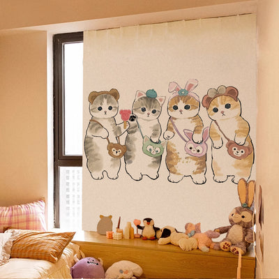 Cute cartoon curtain featuring a grey tabby kitten riding on a brown Shiba Inu puppy, with punch-free Velcro installation. - Image 12