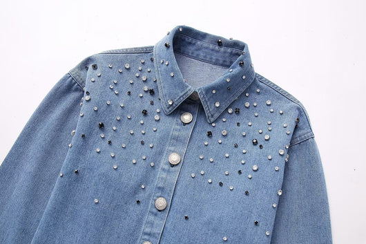 Camisa Denim Corta con Strass de Manga Larga - Image 15