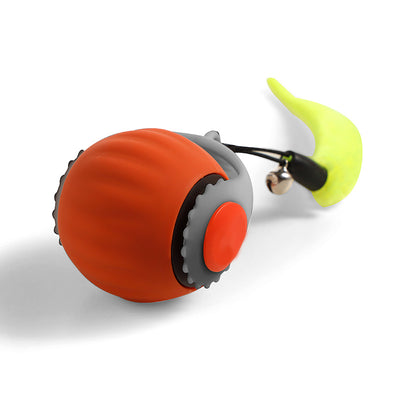 Blue and grey automatic cat toy ball with a yellow feather-like attachment and a small silver bell. - Image 6