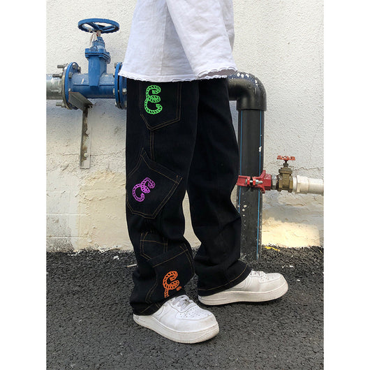 Pantalones Jeans Anchos con Bordado de Letras - Estilo Hip-hop Unisex - Image 6
