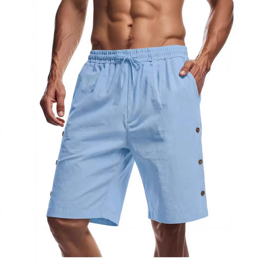 Pantalones Cortos Hombre Estilo Americano Sueltos de Algodón-Lino con Botones