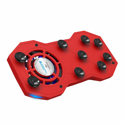 Red portable cooling mobile phone holder with a built-in fan, blue LED light, and black suction cups. - Image 4