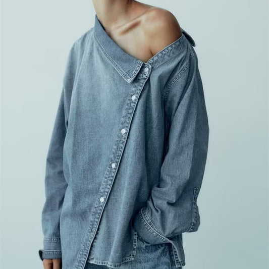 Camisa Denim Asimétrica Casual para Mujer