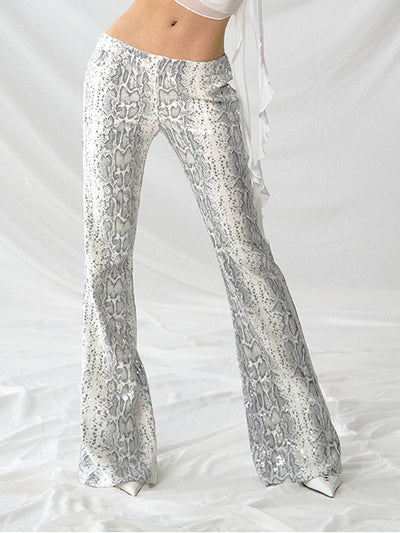 Pantalón Acampanado Cintura Baja con Estampado de Serpiente y Lentejuelas