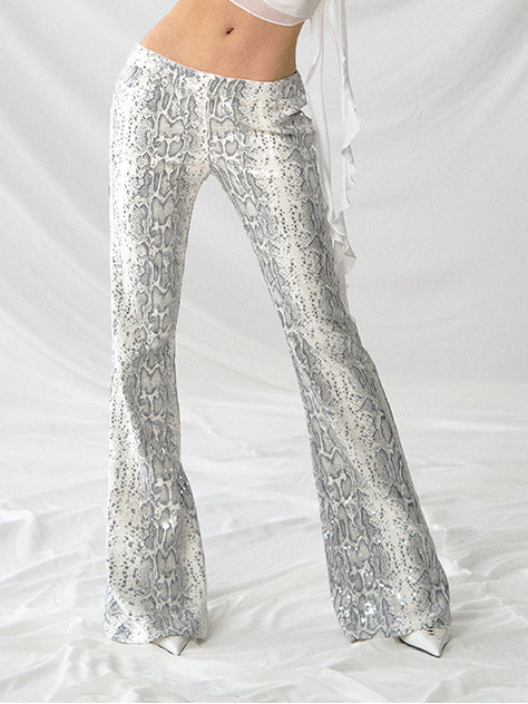 Pantalón Acampanado Cintura Baja con Estampado de Serpiente y Lentejuelas