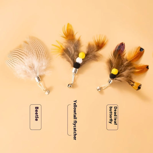 Three distinct feather cat toy replacement heads: a light 'Beetle', a brown and yellow 'Yellowtail flycatcher' with pom-poms, and a multi-colored 'Dead leaf but - Image 2
