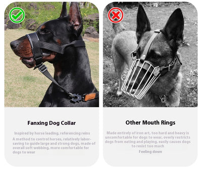 Black and brown leather and nylon dog muzzle with adjustable straps and a D-ring, shown with a size chart. - Image 19