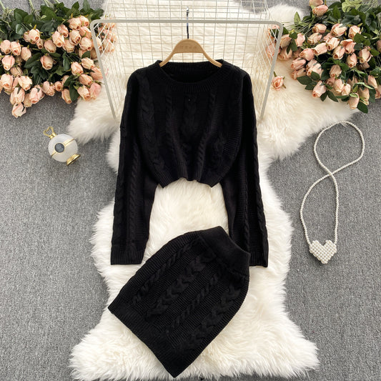 Conjunto Vintage Falda Alta con Suéter Retorcido de Manga Larga