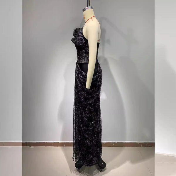 Vestido Negro Elegante sin Mangas con Encaje Floral y Espalda Descubierta Reductor