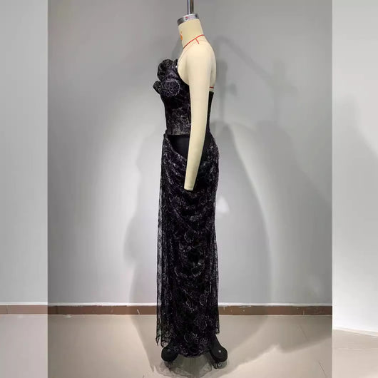 Vestido Negro Elegante sin Mangas con Encaje Floral y Espalda Descubierta Reductor - Image 2