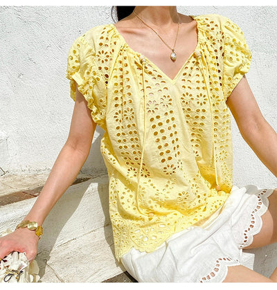 Blusa Bordada Estilo Vacacional Manga Corta Diseño Francés de Verano - Image 28