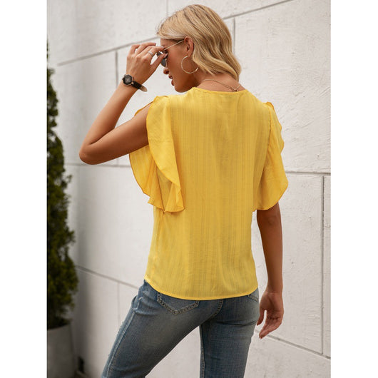 Blusa V-Escote Hoja de Loto Color Sólido - Image 6