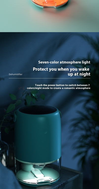 White compact dehumidifier with a transparent water tank, featuring a top grille and a power button. Highlights smart start, defrost, night mode, and quiet oper - Image 13
