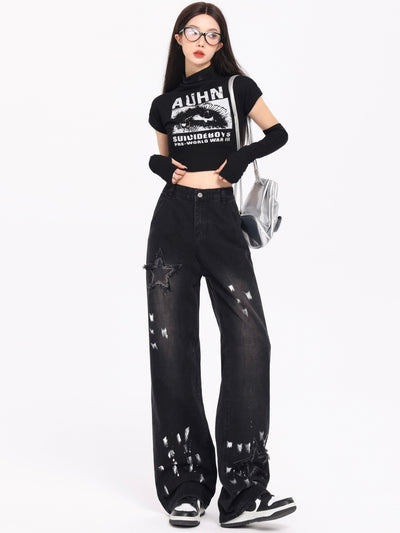 Jeans Retro Coreano XINGX Bordados Talle Alto Pierna Ancha Invierno - Image 5