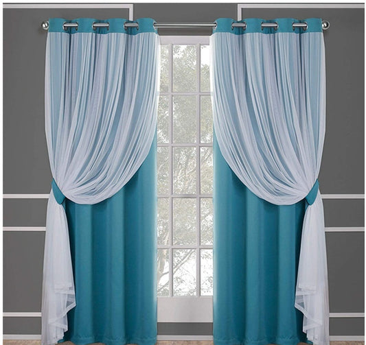 Dark blue double layer shading curtains with white sheer lace overlays, hung on a silver grommet rod. - Image 2