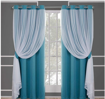 Dark blue double layer shading curtains with white sheer lace overlays, hung on a silver grommet rod. - Image 2