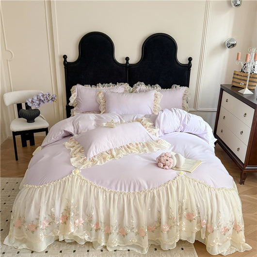 Juego de Cama Cuatro Piezas con Encaje Bordado en Algodón Chiffon - Image 8