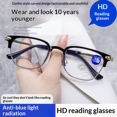 Black and gunmetal large-framed reading glasses with blue-light-blocking lenses for men. - Image 5