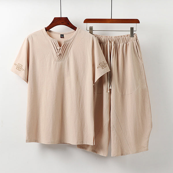 Conjunto Asiático: Blusa Bordada Manga Corta y Pantalón Capri Lino Algodón - Image 3